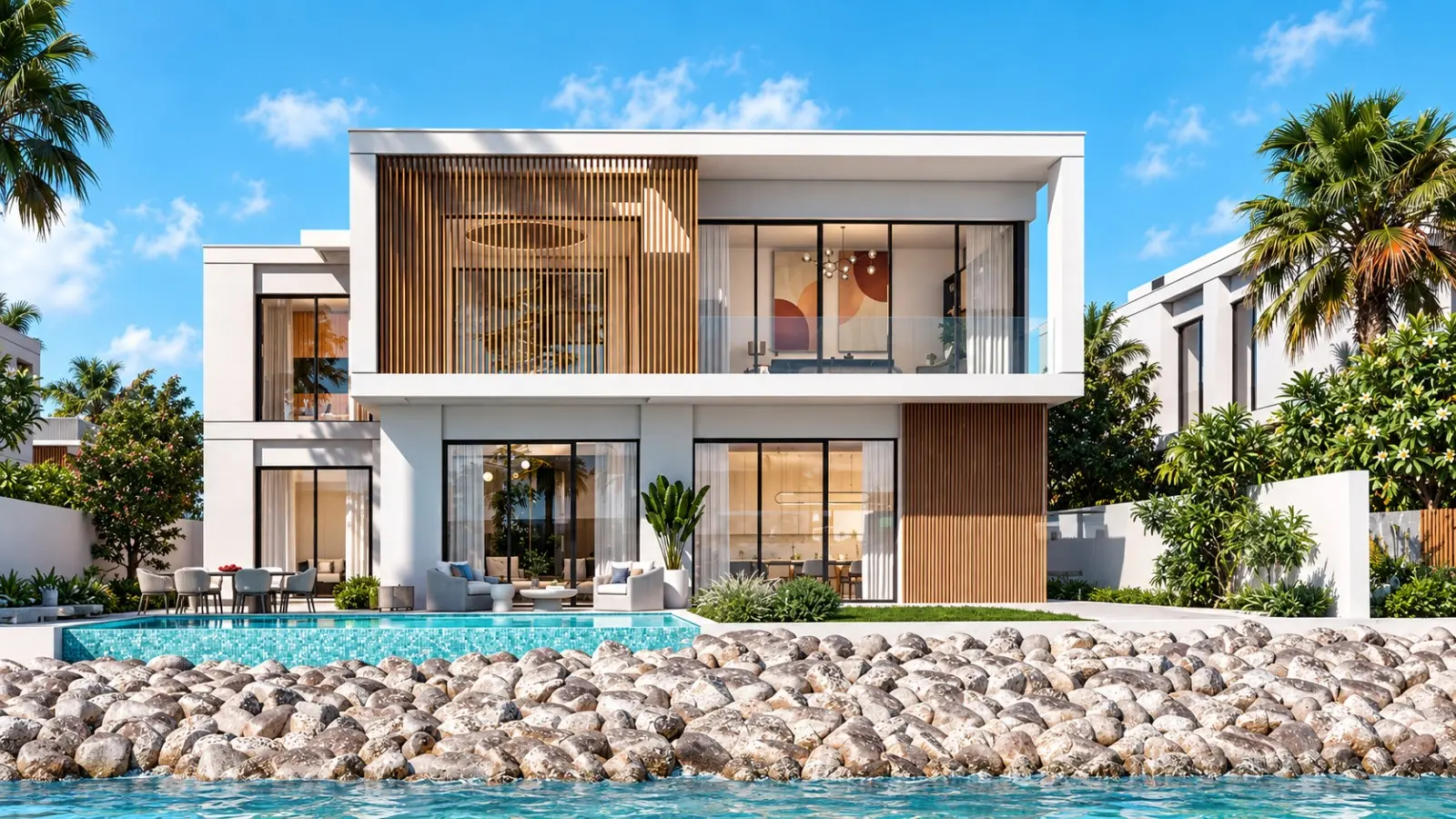 Yas Riva Reserve villa exterior showcasing modern architecture and canal‑side design