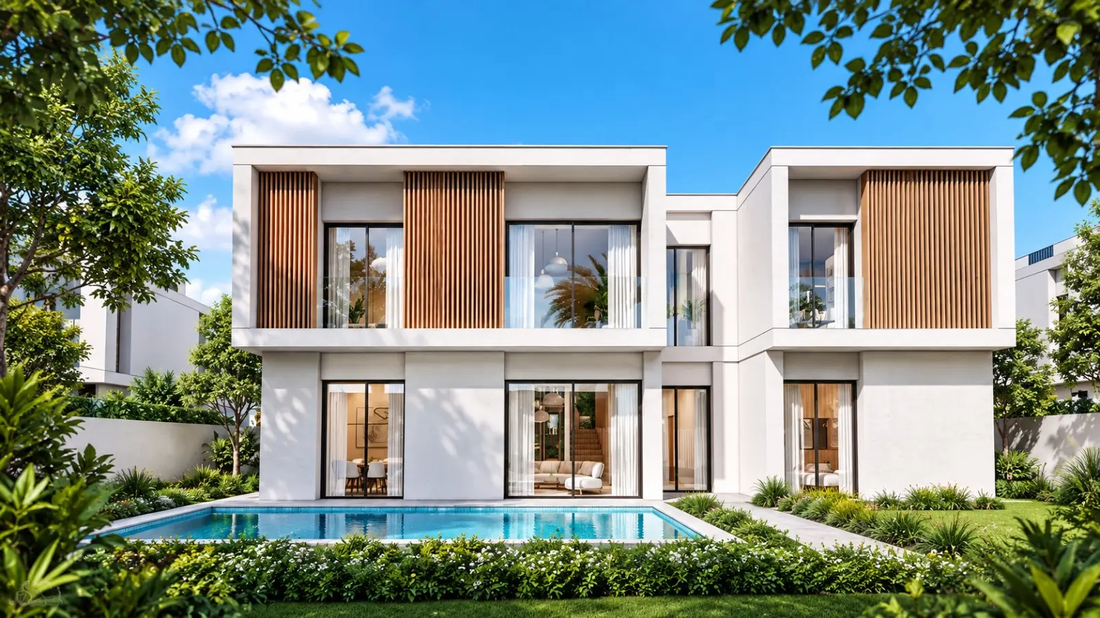 Elegant Yas Riva Reserve villa elevation featuring clean lines and premium finishes