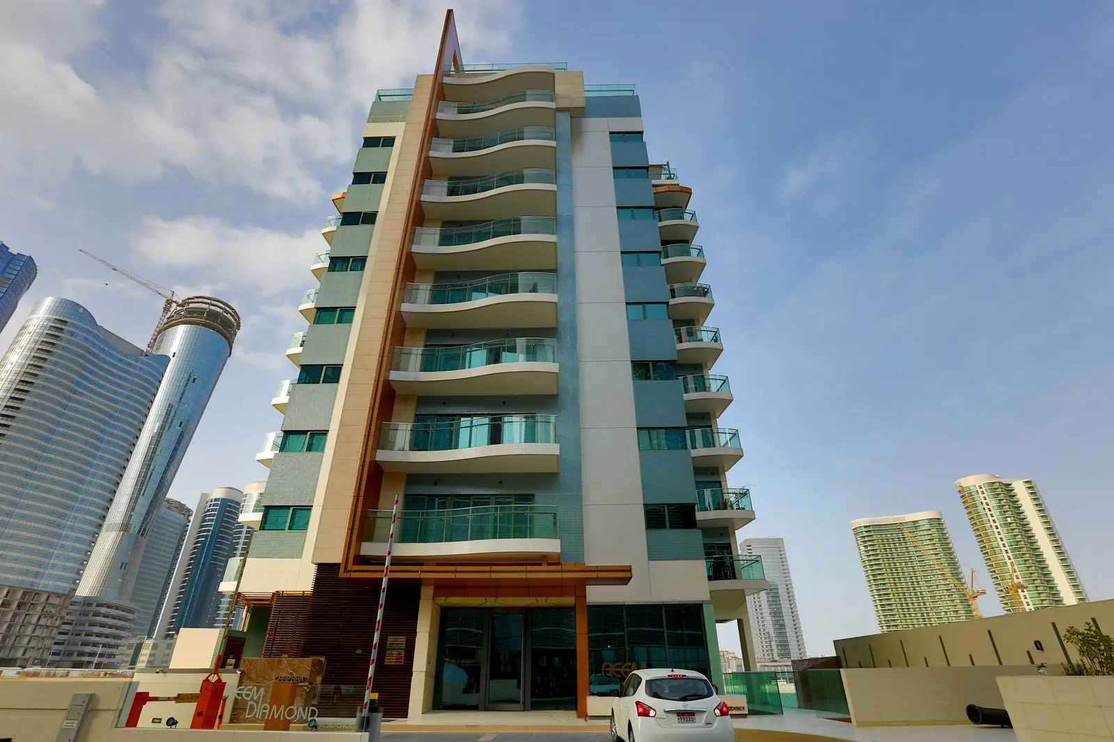 Twin residential tower exterior profile of Parkside Residence in Shams Abu Dhabi on Al Reem Island near canal promenade