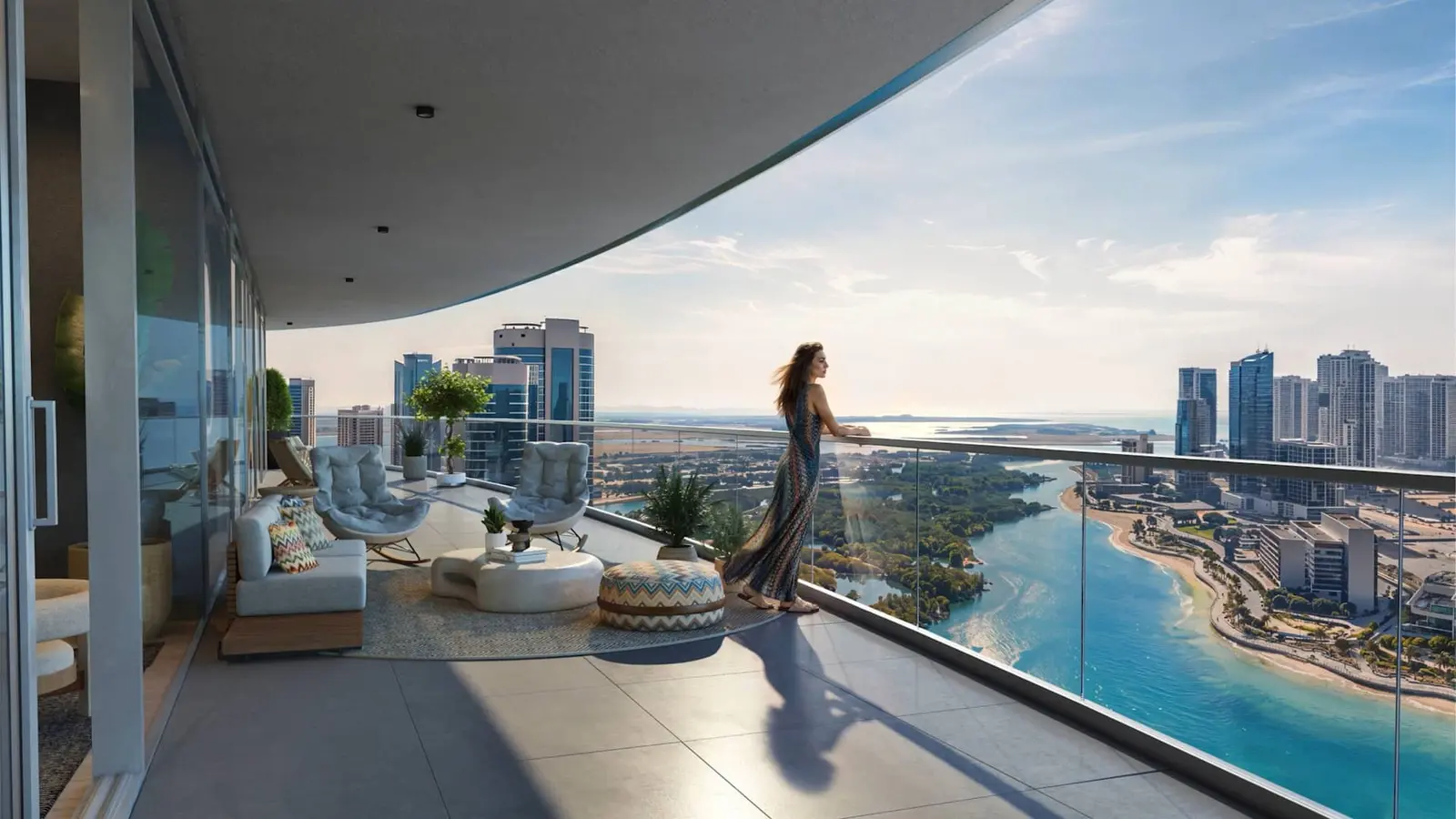 Spacious master bedroom interior with light oak flooring and built-in wardrobes at Waterfront by Missoni Al Reem Island