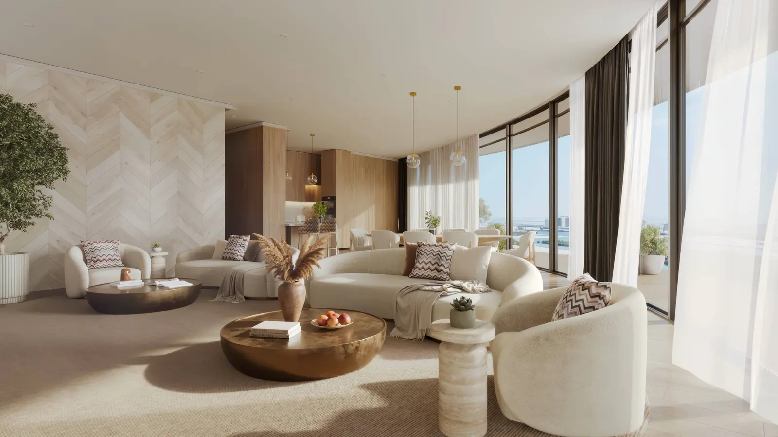 Modern master bedroom suite at Waterfront by Missoni in Shams Abu Dhabi with private glass balcony overlooking the coastal skyline
