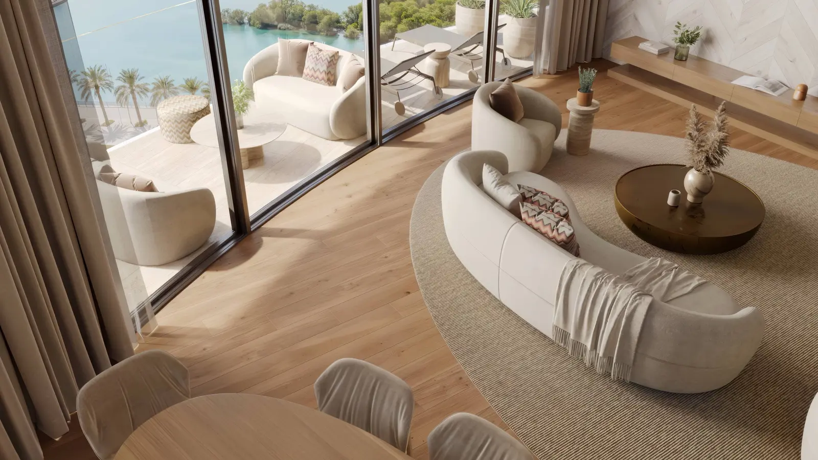 Contemporary open kitchen with custom cabinetry and integrated appliances inside Waterfront by Missoni apartments on Al Reem Island