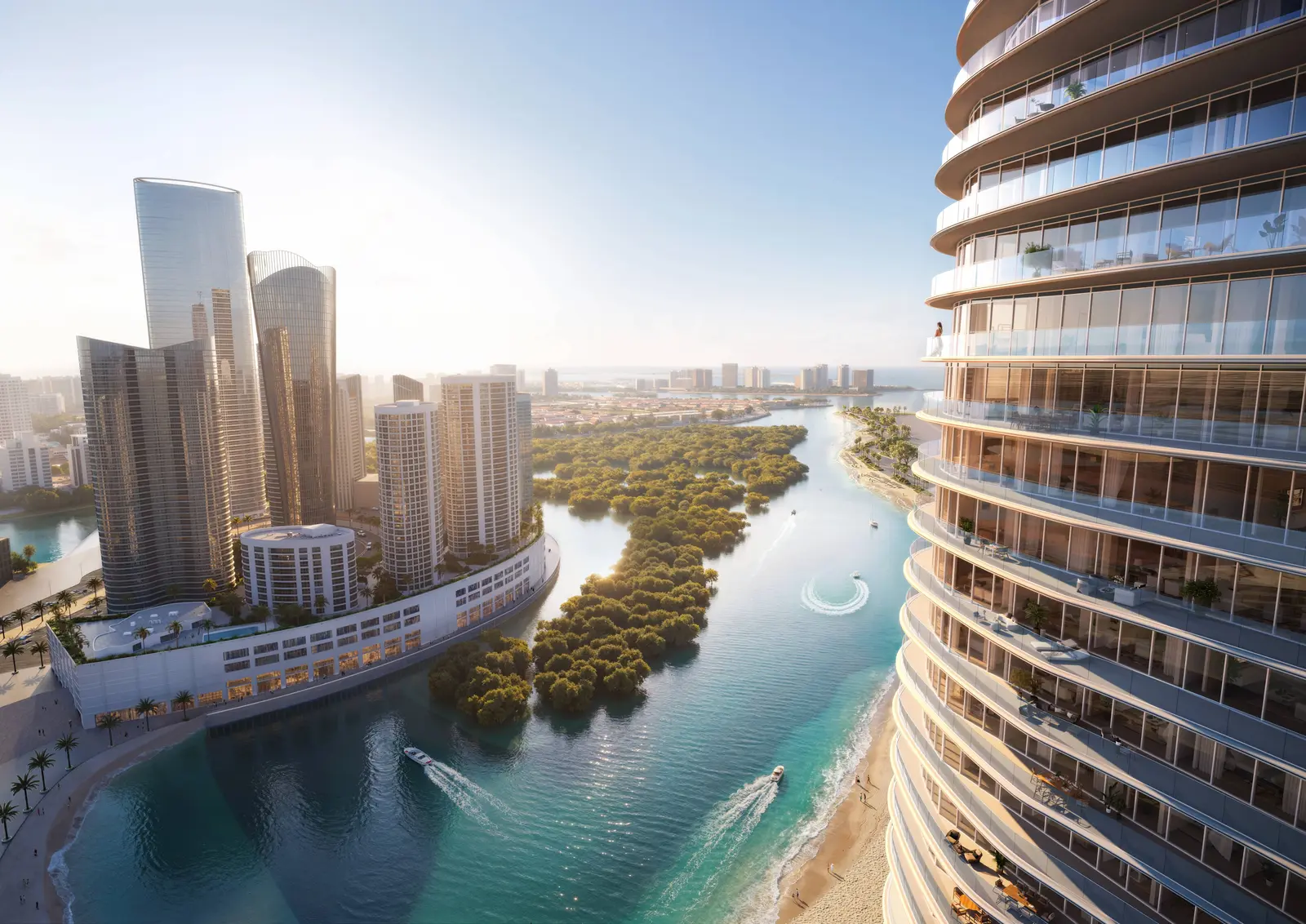 Sleek podium architecture housing parking and lifestyle amenities at Waterfront by Missoni in Shams Abu Dhabi UAE