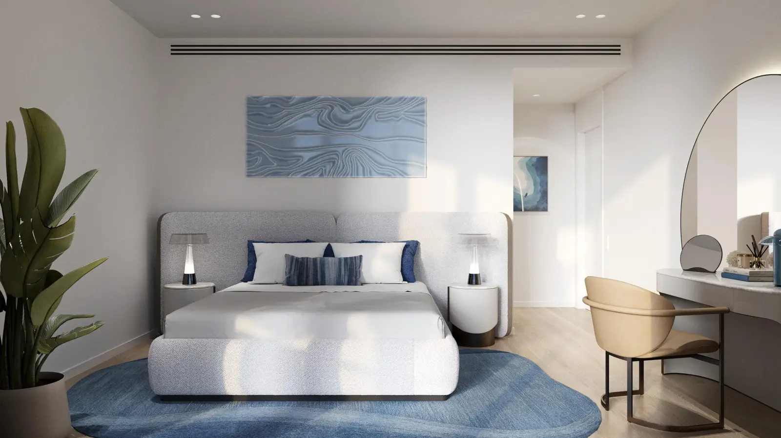 Spacious Bedroom room at Riviera Residences Abu Dhabi featuring panoramic windows and modern interior design.