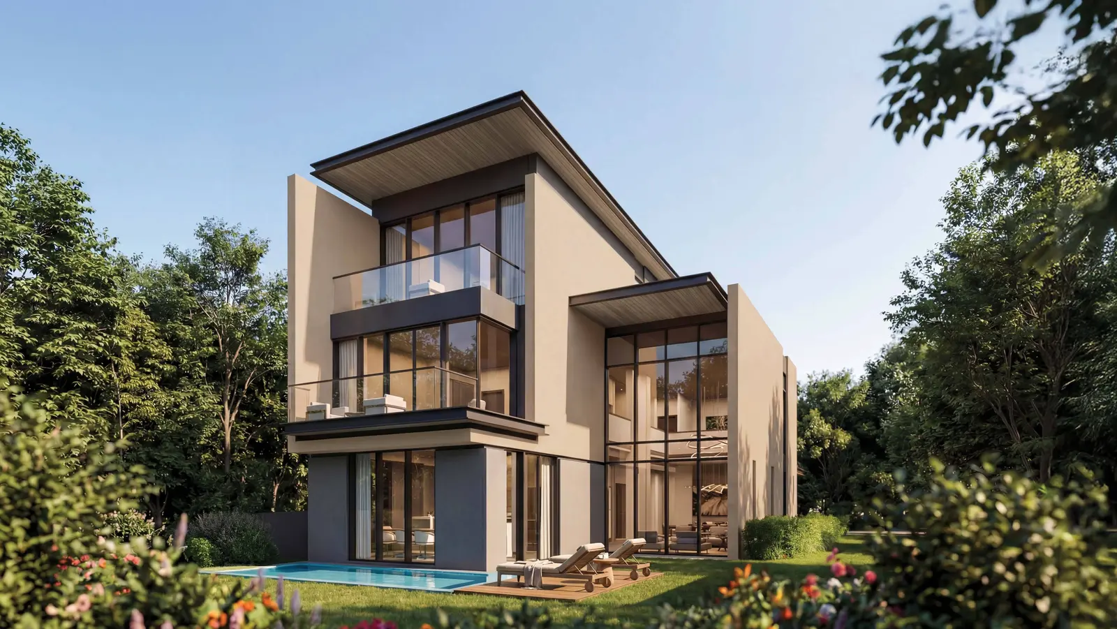 The Orchard at Sobha City villa façade featuring clean lines, expansive glazing, and premium finishes set within a nature‑rich community.
