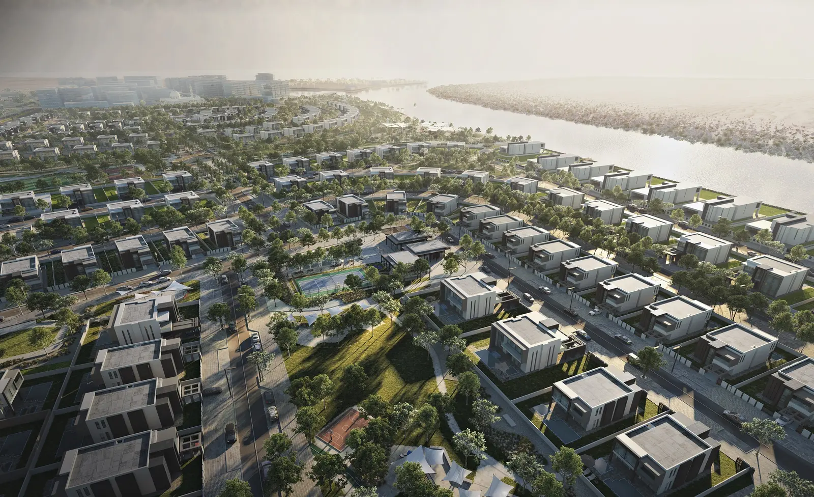 Shaded seating and landscaped green belts surrounding LEA custom villa plots on Yas Island.