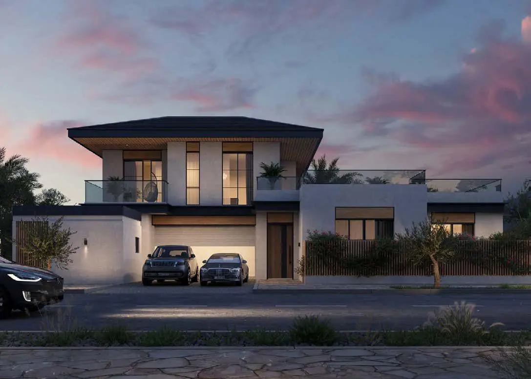 Contemporary villa facade with clean lines, natural textures, and shaded outdoor seating area in Wadeem, Hudayriyat East.jpg