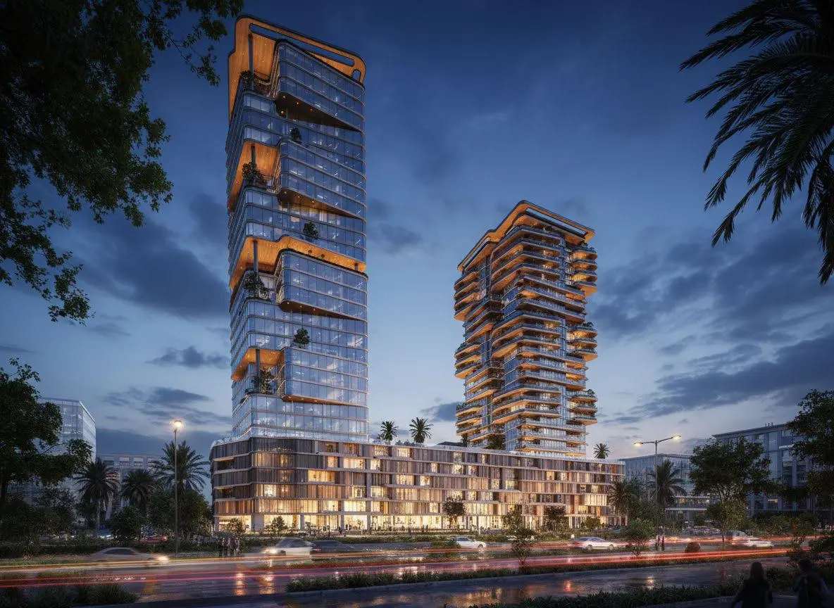 Radiant Atrium night exterior lighting view on Al Reem Island Abu Dhabi real estate development.jpg
