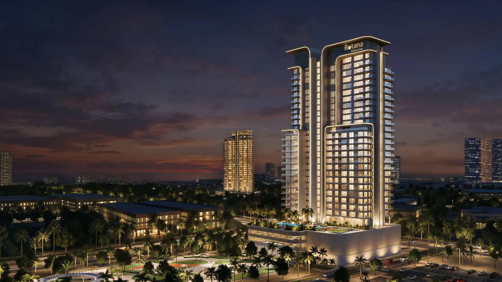 Nighttime exterior of Rotana Residences on Al Reem Island, Abu Dhabi, UAE illuminated with elegant lighting, skyline ambience, and luxury high‑rise presence