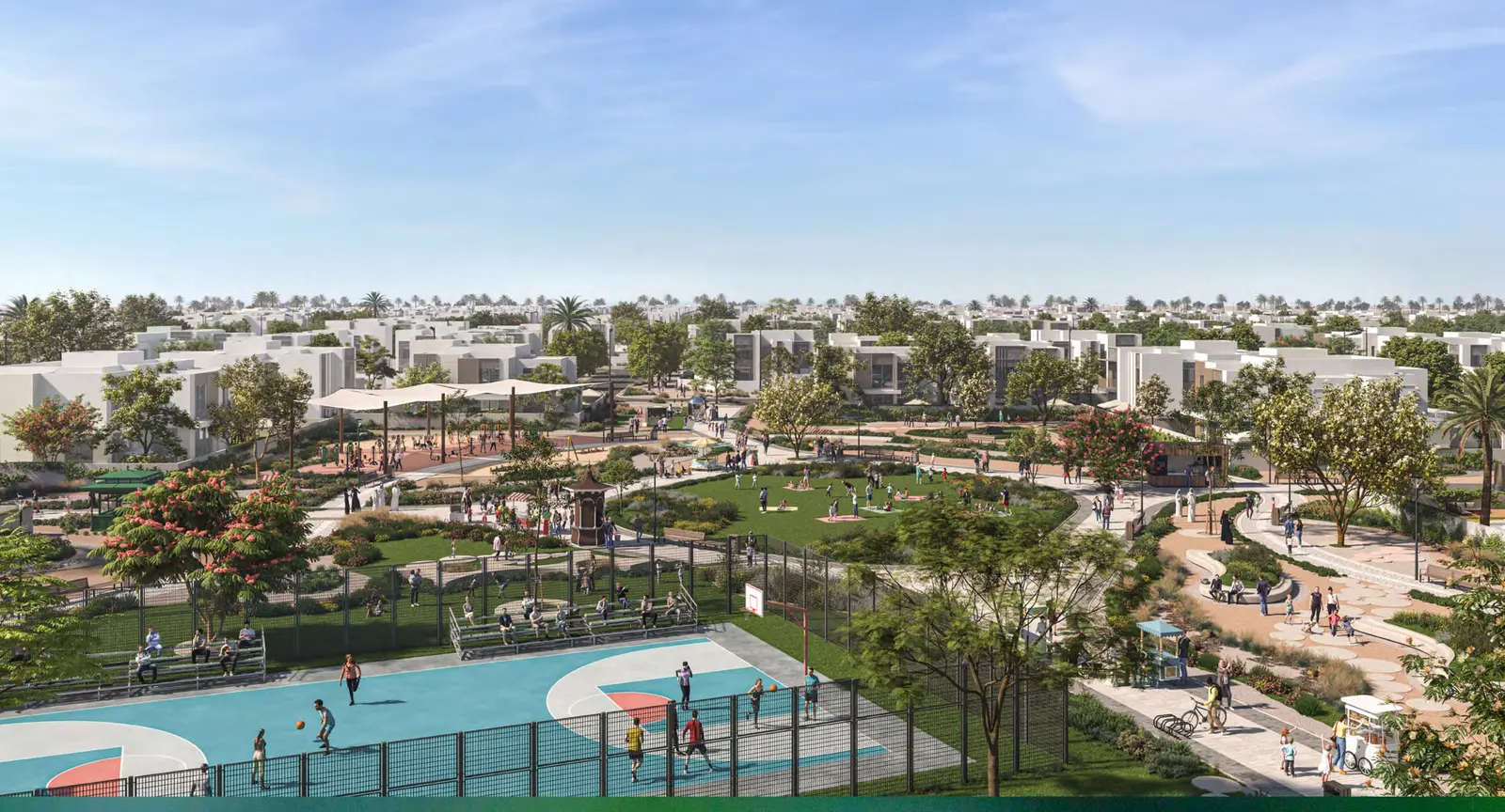 Family-friendly backyard with play area and landscaping at Al Reeman II residence