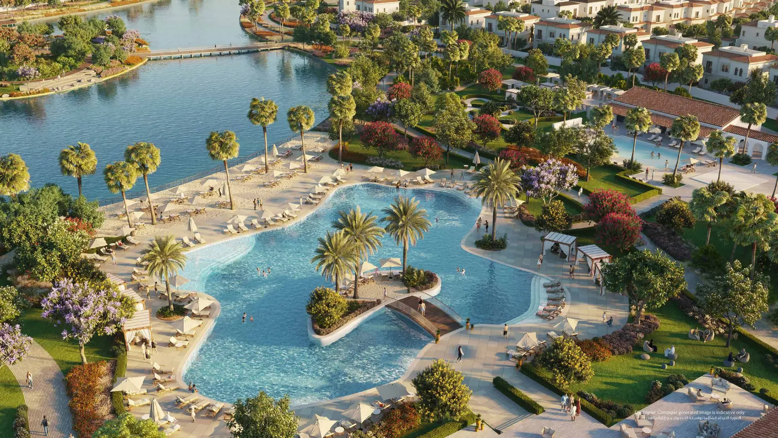 Lakeside facade with waterfront views of luxury property at Bloom Living Abu Dhabi.