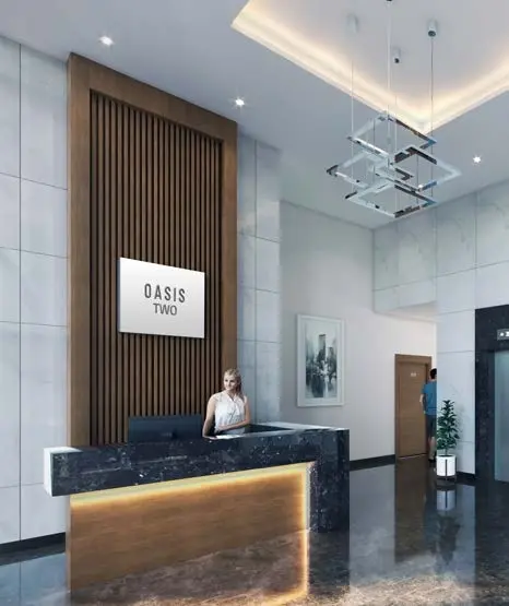 Aerial view of the Oasis Two building, emphasizing its 6-storey structure and central location in Abu Dhabi.