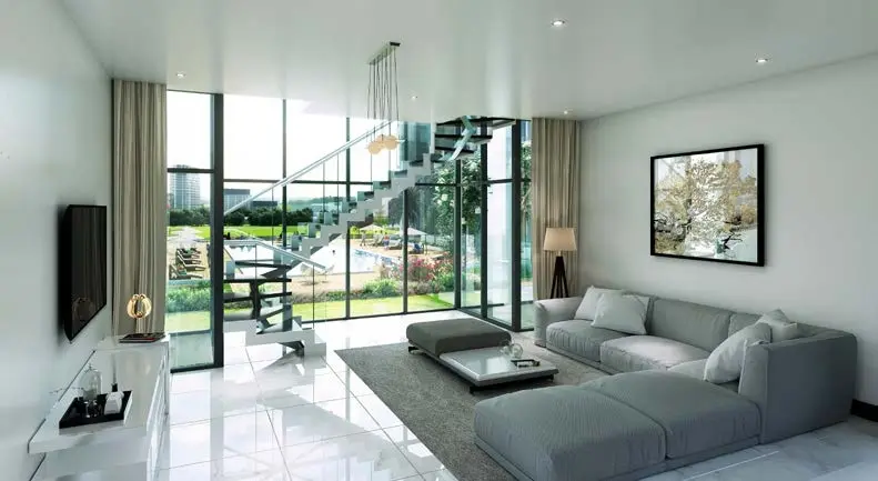 Modern interior design with neutral color palettes in a spacious 2-bedroom unit at Oasis Two.
